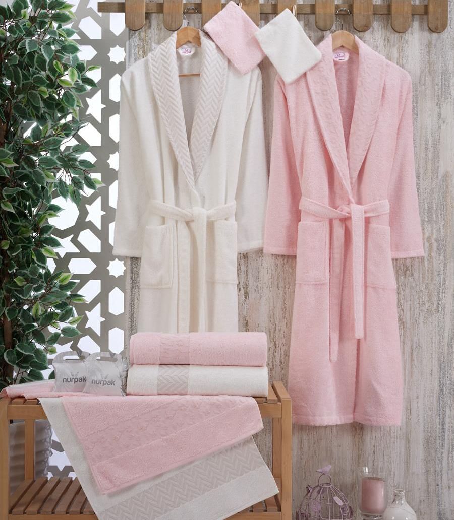 Luxury Cotton Bathrobe Set NurPak Cream Pink ElfStore .nz