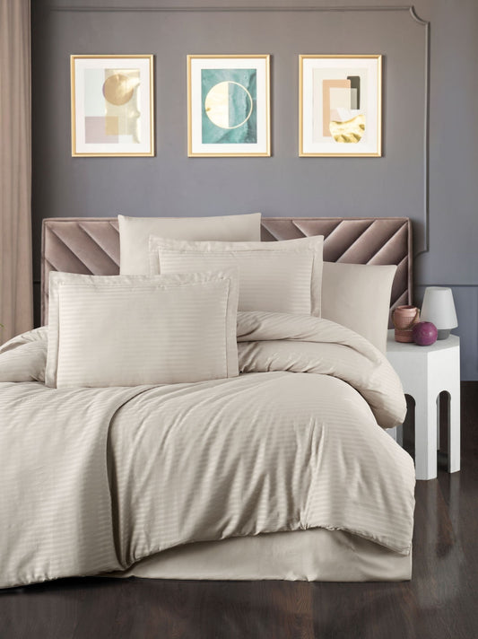 Beige color bedding set made of natural 100% cotton (stripe satin) of the highest quality of high density. Comfortable, soft, durable. Elfsorenz.
